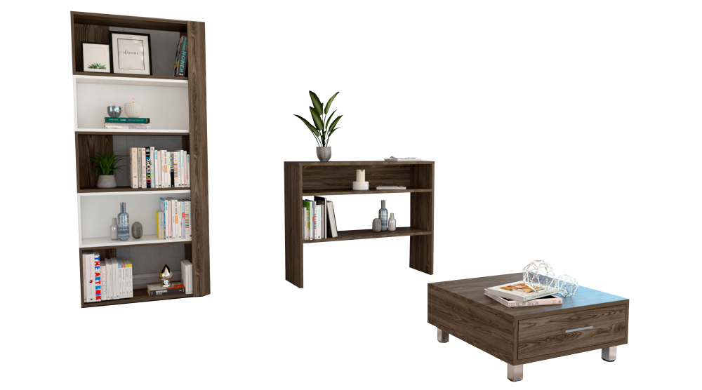 Biblioteca Cubo + Arrimo + Mesa de Centro Beijing Color Coñac y Blanco Para Sala De Estar